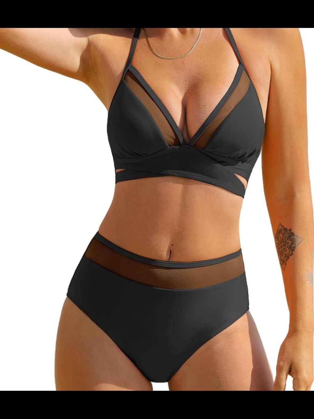 CUPSHE Women’s Black Mesh Trim High-Waist Bikini Set